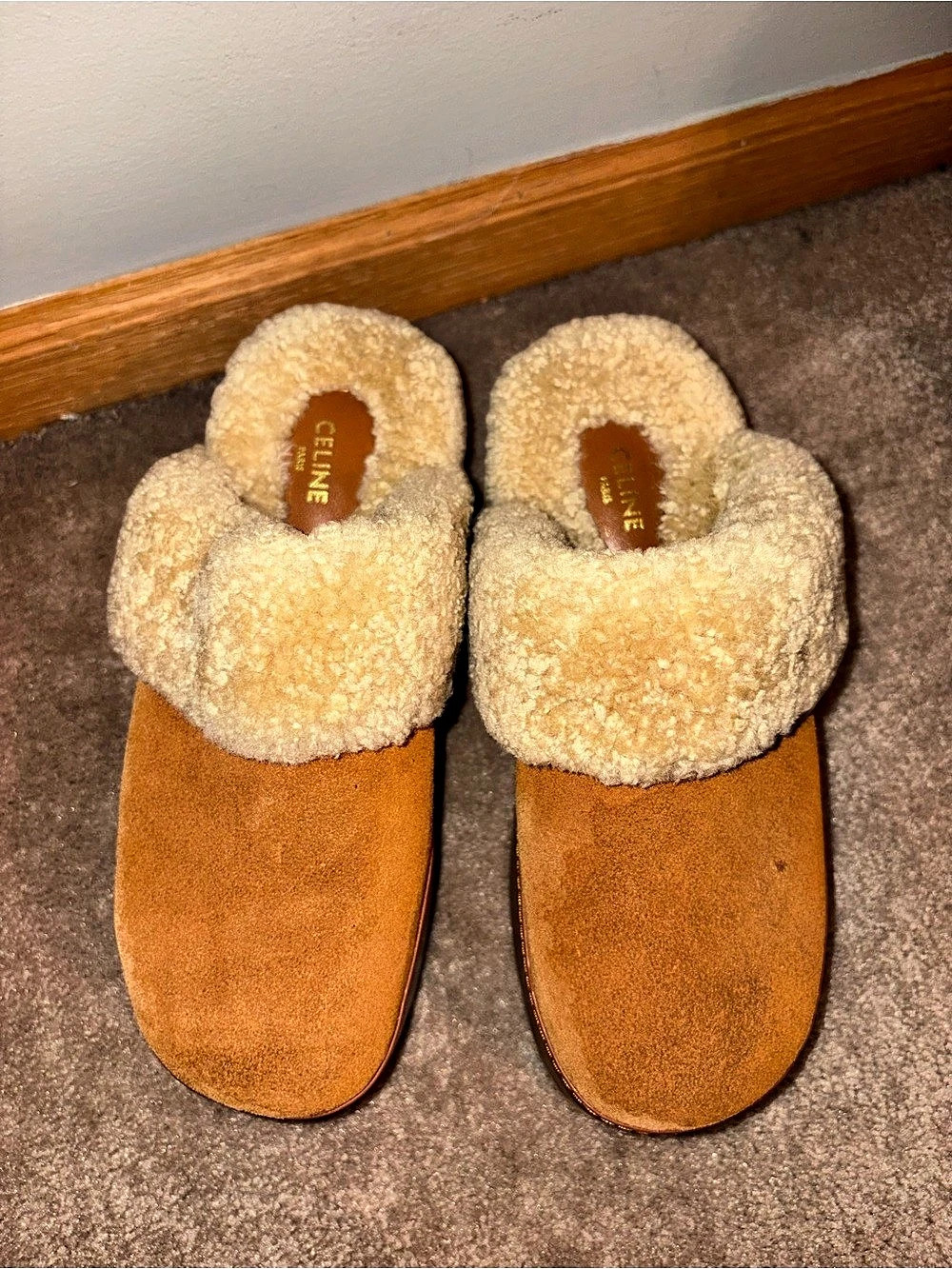 CELINE Dana Wedge Mule in Suede Calfskin and Shearling Brown